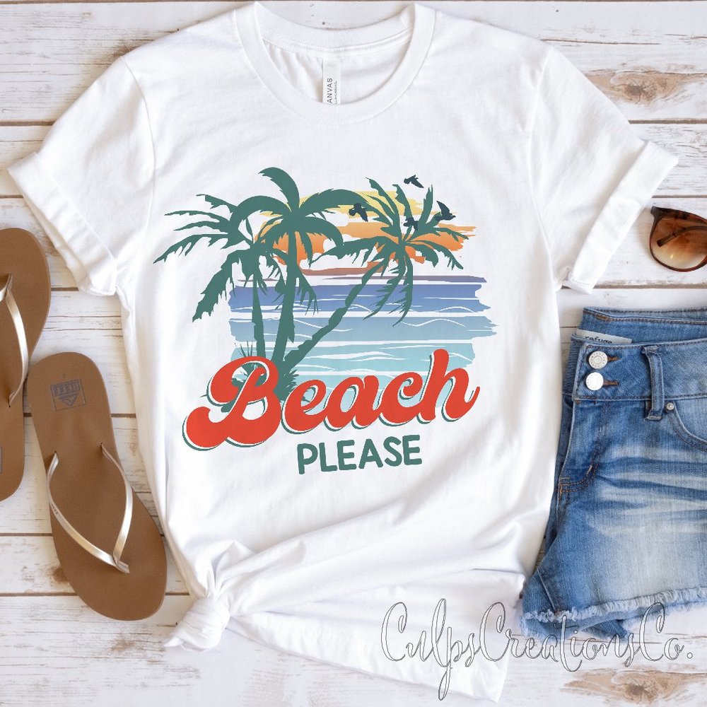 Beach please palm tree beach theme summer ready womens short sleeve tee